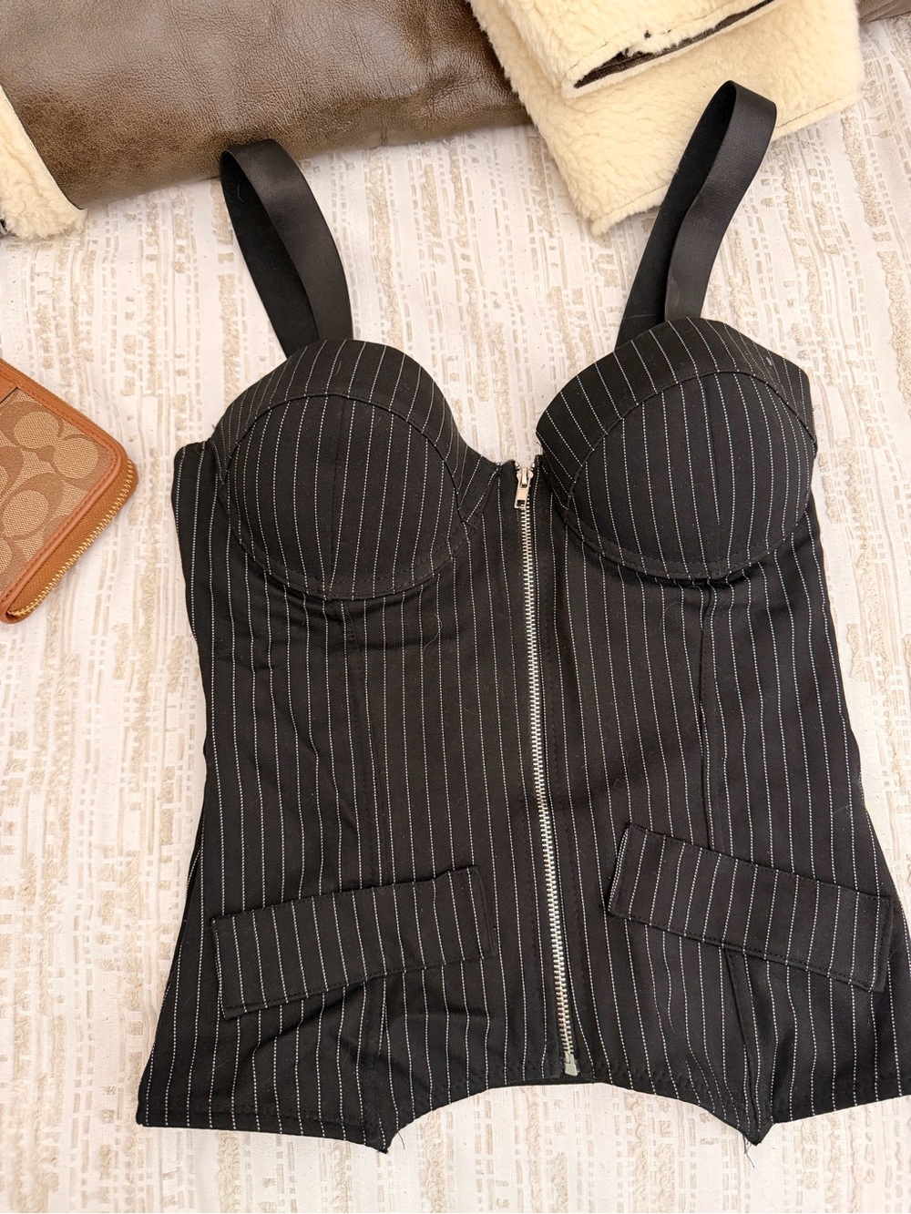 Hot Topic Black Pinstripe Zip-Front Bustier Tank
